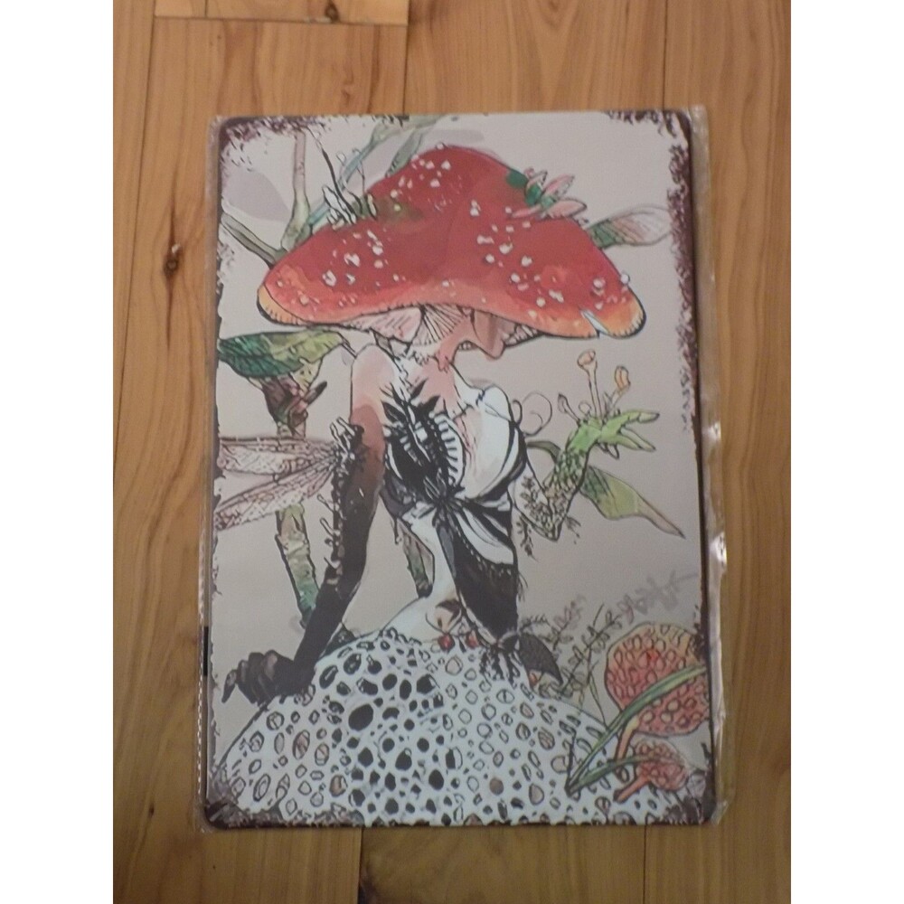 Metal Tin Decorative Art Sign Wall Hanging Decor Elegant Lady Mushroom Chic